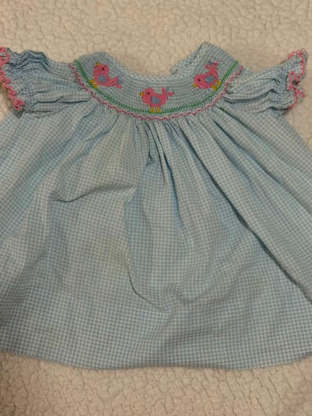 Smocked Blue Gingham Toddler Dress with Pink Bird Accents